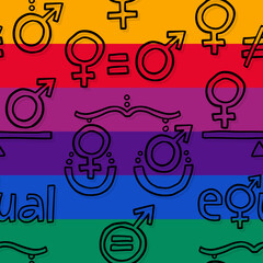 masculine feminine sex gender symbols equal rights hand drawn dark pictograms on rainbow colored horizontal striped background vector seamless pattern