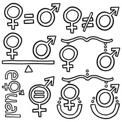 masculine feminine sex gender symbol set equal rights monochrome black hand drawn vector pictograms for web and print - 524035990