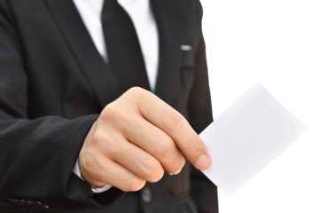 Businessman hand holding white business card isolated on transparent background - PNG format.