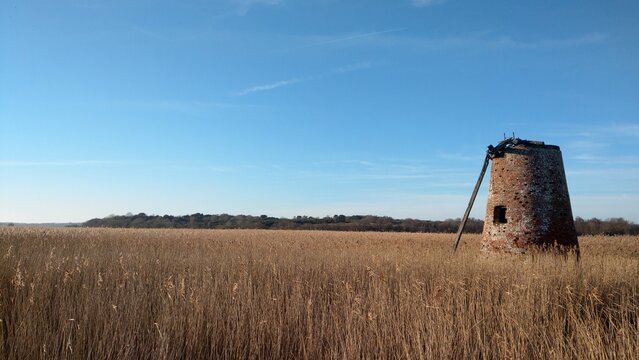 Brown grass field under blue sky with old windmill