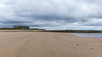 panorama landscape of Doughmore Bay and Beach with the Trump International Golf Club hotel in the...