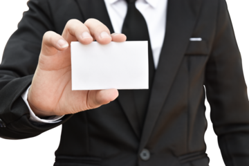 Businessman hand holding white business card isolated on transparent background - PNG format.