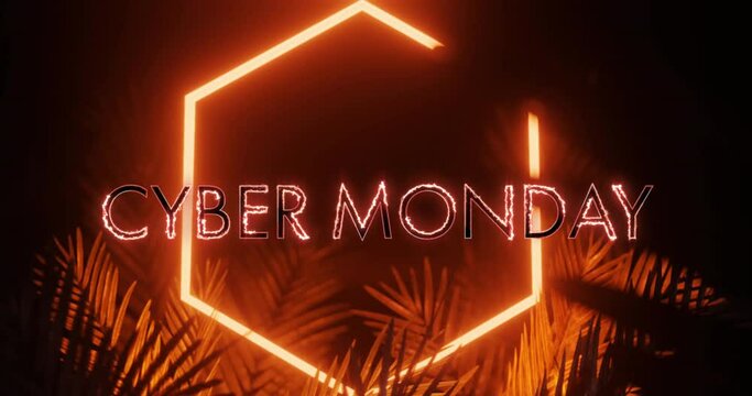 Animation of cyber monday text and hexagon in red neon, with palm leaves on black background - Powered by Adobe