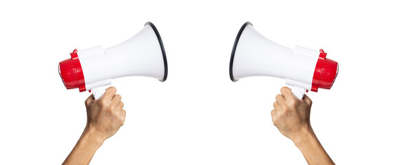 male hand holding a megaphone on a white background with clipping path