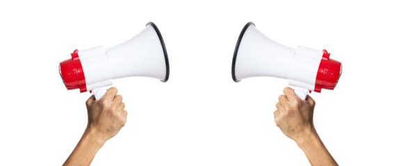 male hand holding a megaphone on a white background with clipping path