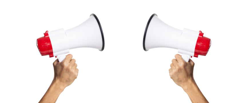 male hand holding a megaphone on a white background with clipping path
