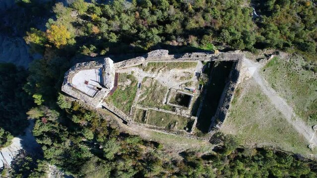 Aerial view from a drone of Boltaña Castle. Boltaña. Gistau Valley or Val de Chistau. Sobrarbe region. Aragonese Pyrenees. Huesca. Aragon. Spain. Europe