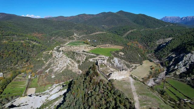 Aerial view from a drone of Boltaña Castle. Boltaña. Gistau Valley or Val de Chistau. Sobrarbe region. Aragonese Pyrenees. Huesca. Aragon. Spain. Europe