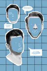 Vertical collage illustration of three guy heads drawing face speak communicate dialogue bubble...