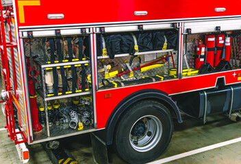 Compartments with fire-fighting equipment for firefighters. A fire truck for delivering...