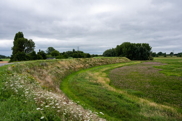 View over the natural floodplain with agriculture field and wetland around Ochten