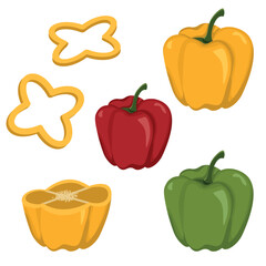 Sweet pepper isolated on white background. Paprika whole and cut