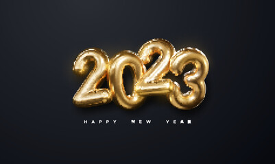 Happy New 2023 Year. Holiday vector illustration of golden metallic numbers 2023 on black background.