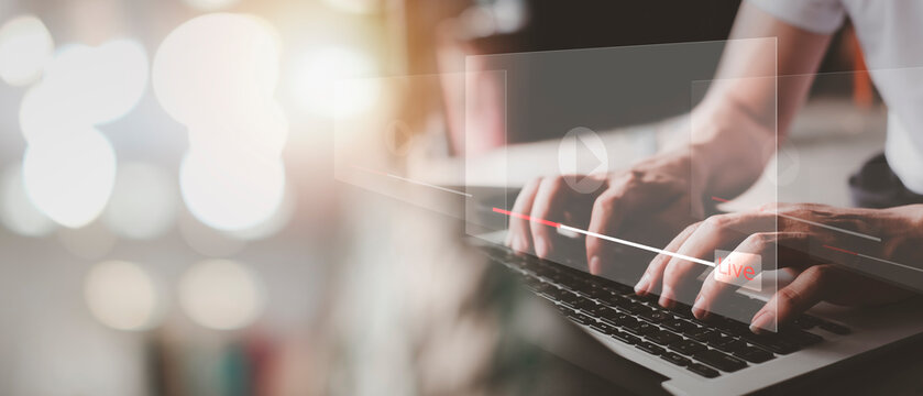 Multimedia player concept. Live digital stream multimedia player.Businesswoman watching a live stream.Online live stream window. Video streaming on internet concept.