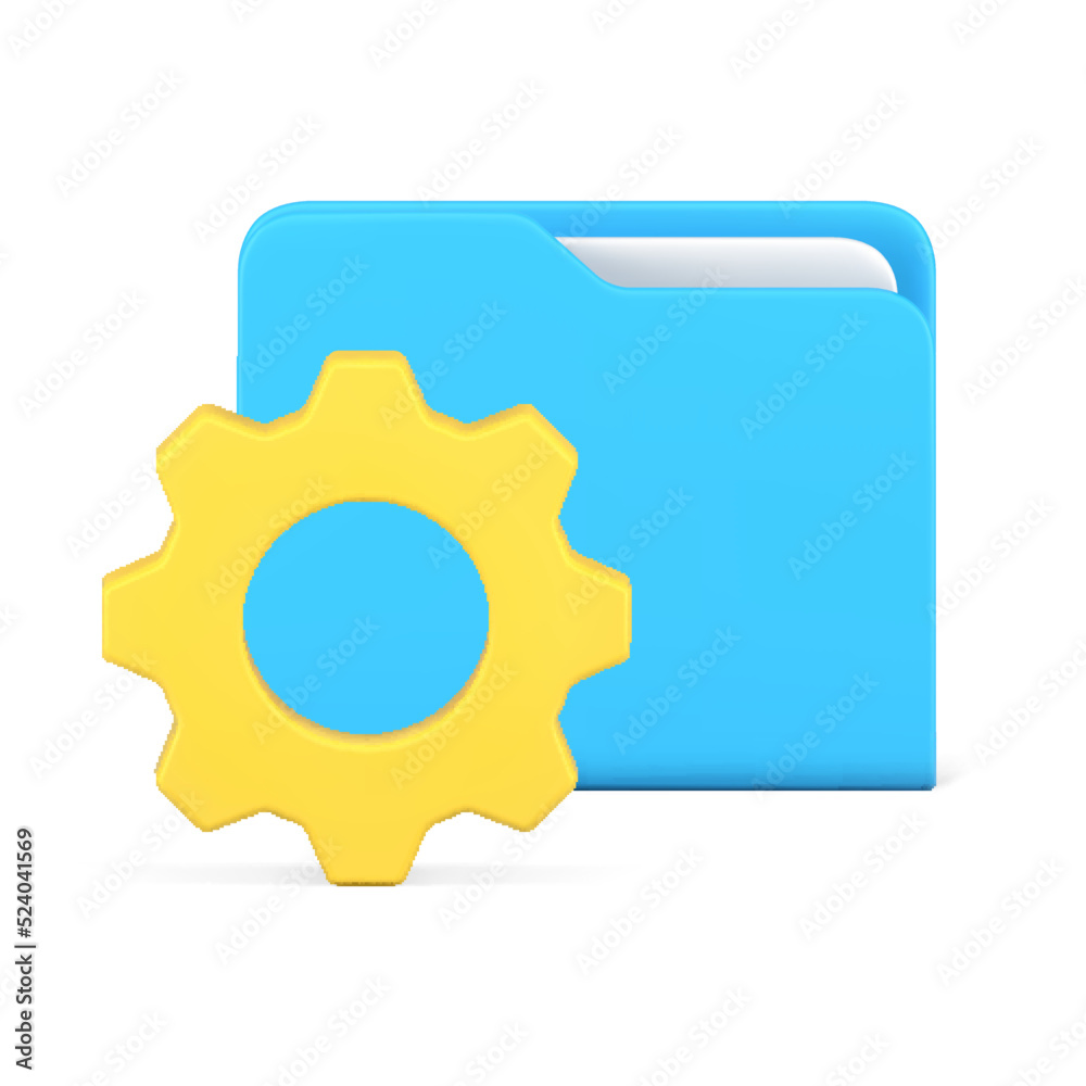 Poster document folder storage archive development gear cog mechanism realistic 3d icon vector illustration