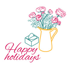 Holiday card, compliment, gift. For any holiday event and celebration.Congratulation square card with text. Popular wish phrase Happy holidays