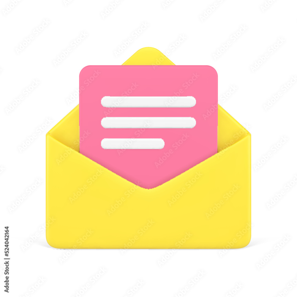 Poster electronic mail open envelope with paper letter incoming message inbox correspondence 3d icon vector
