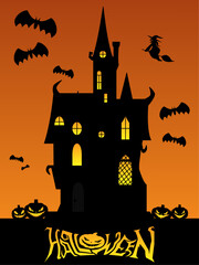 Halloween night background, pumpkins, flying witch, bats, and a dark castle. Vector illustration.