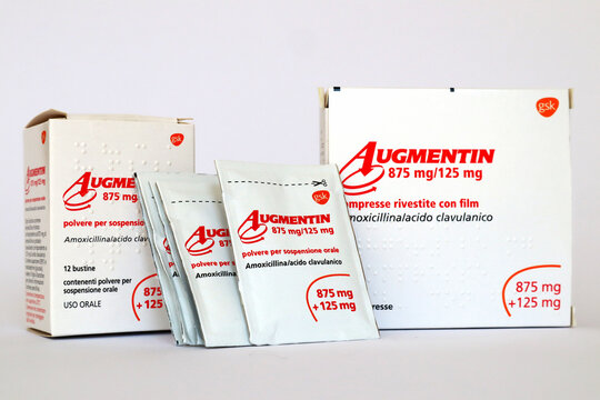 Italy &ndash; August 16, 2022: AUGMENTIN medicine with amoxicillin and clavulanic acid. Medication used to treat infections caused by bacteria. Augmentin is a trademark of GSK GlaxoSmithKline