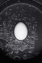 White egg  with drops in a water on a black background. Top view. 