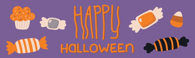 Happy Halloween banner on a violet background. Cute minimal and simple collection of candies and treats