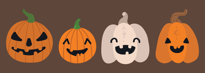 Collection of 4 hand drawn vector Jack-o'-lanterns. Pumpkins with angry, happy, smiling and cute joyfull faces. Isolated Pumpkins on a Brown background. Orange and Beige pumpking with magic signs