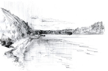 Picturesque river bank. Handmade graphic drawing. Black and white summer landscape for your design and wall decoration. A trip in nature.