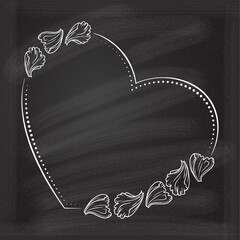 Vector heart shape dotted frame with floral petals decoration on a chalkboard background