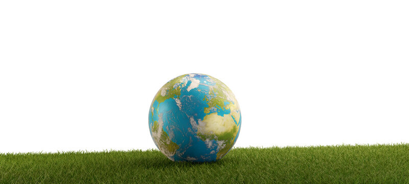 blue earth on green grass field background, transparent, 3d-illustration, elements of this image furnished by NASA