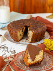 Traditional Brazilian cake called Bolo Formigueiro covered with chocolate. Brazilian cake. Homemade cake 