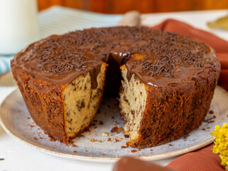 Traditional Brazilian cake called Bolo Formigueiro covered with chocolate. Brazilian cake. Homemade cake 