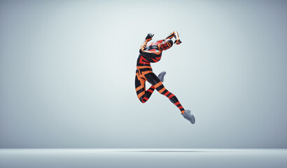 Man dancing and posing on white background.