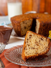 Traditional Brazilian cake called Bolo Formigueiro covered with chocolate. Brazilian cake. Homemade cake 