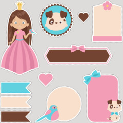 Little princess digital stickers set. Cute collection of a princess, bird, and puppy. Ready to use digital stickers for children.
