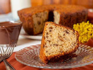 Traditional Brazilian cake called Bolo Formigueiro covered with chocolate. Brazilian cake. Homemade cake 