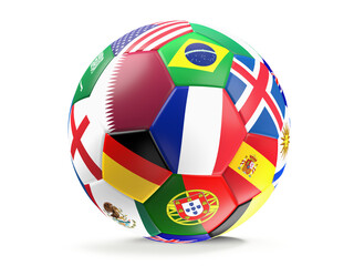 Obraz premium soccer football ball with national flags focus on the flag of Qatar, 3d-illustration