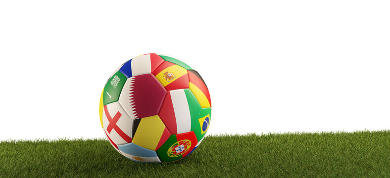 soccer football ball with national flags focus on the flag of Qatar on green grass, 3d-illustration