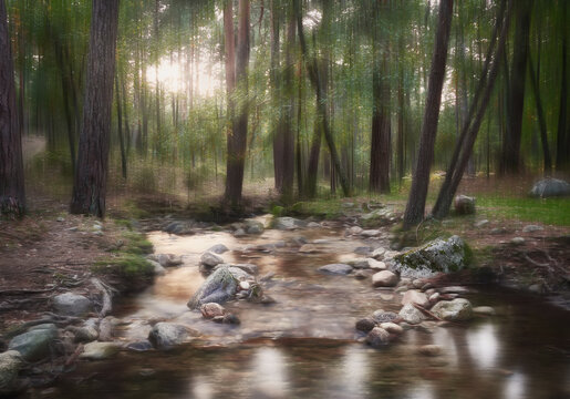 fotografia artistica con desenfoque de movimiento, en bosque con rio en  Valsain, Segovia, España