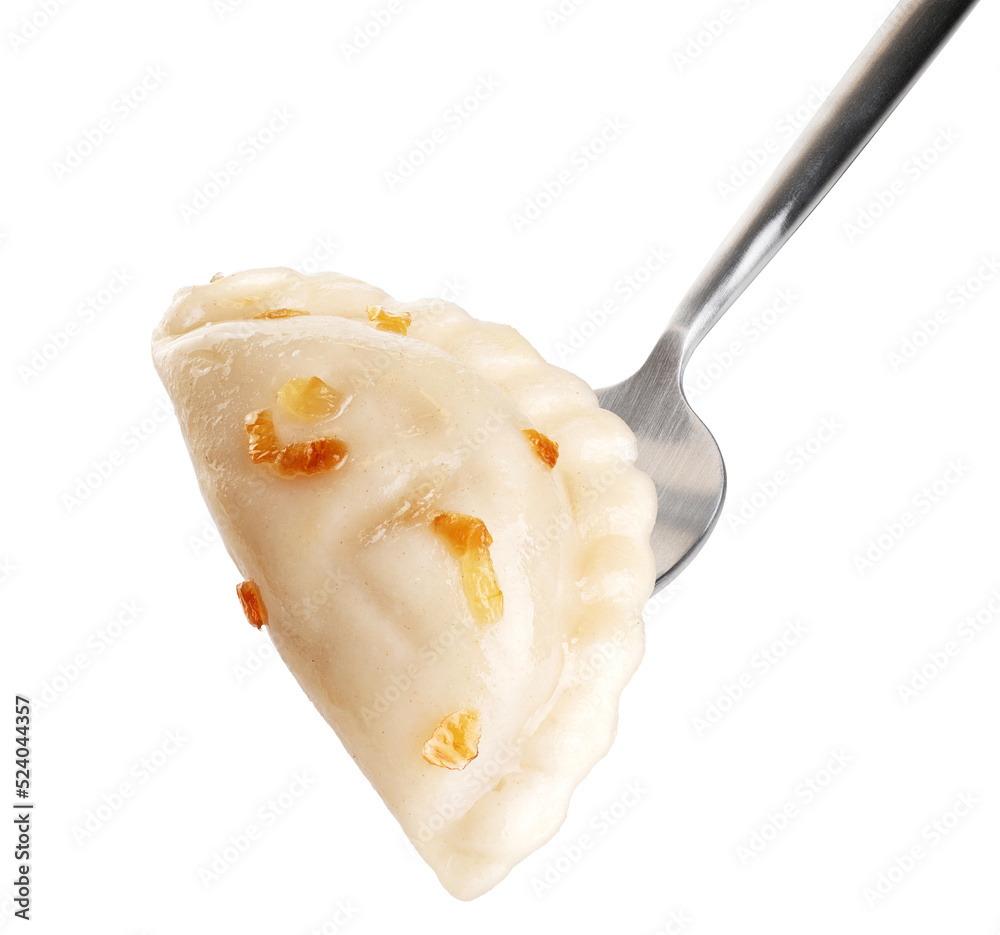 Canvas Prints dumpling with fried onions impaled on a fork isolated on white background. with clipping path.