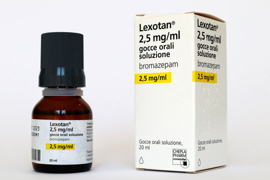Italy – August 16, 2022: LEXOTAN Bromazepam, a benzodiazepine medicine. Medication used to treat of severe anxiety. Cheplapharm Arzneimittel GmbH 
