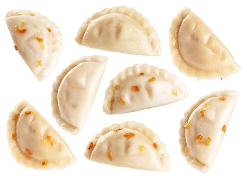 Dumplings with fried onions isolated on white background. Varenyky, vareniki, pierogi, pyrohy with filling. Collection with clipping path.