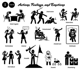 Stick figure human people man action and feelings icons alphabet I. Interrogate, intervene, interview, intimidate, intone, intoxicated, intolerant, intimate, introduce, invade, invent, and inventory.