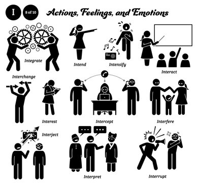 Stick figure human people man action, feelings, and emotions icons alphabet I. Integrate, intend, intensify, interact, interchange, interest, intercept, interfere, interject, interpret, and interrupt.