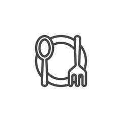 Plate, fork, spoon and knife icon, kitchen utensil spoon plate fork, Restaurant food line icon. Dinner sign. Hotel service symbol.
