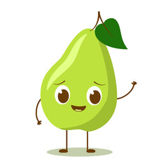 Obraz premium Character green pear with a face. Cheerful pear with eyes waving his hand, illustration easy to recolor