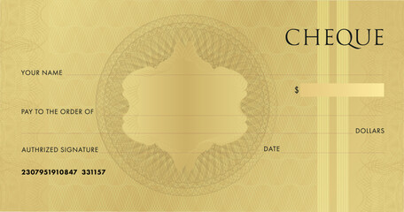 Golden Check template for Chequebook. Blank gold business bank cheque with guilloche pattern rosette and abstract watermark. Background for voucher, gift certificate, ticket, coupon. Vector design.