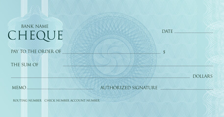 Money Check template, Chequebook paper. Blank blue business bank cheque with guilloche pattern rosette and abstract watermark. Vector Background for voucher, banknote design, gift certificate, ticket. - obrazy, fototapety, plakaty
