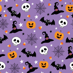 Cartoon Halloween seamless pattern. Skull, bat, pumpkin, witch hat. spider web, candy corn on purple background.