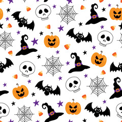 Skull, bat, pumpkin, witch hat, spider web, candy corn seamless pattern on whie background. Happy design for Halloween.