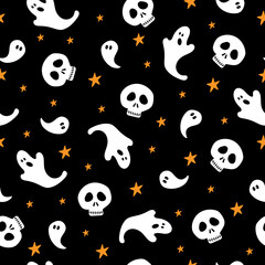 Ghosts and skull seamless pattern, on black background for Halloween.